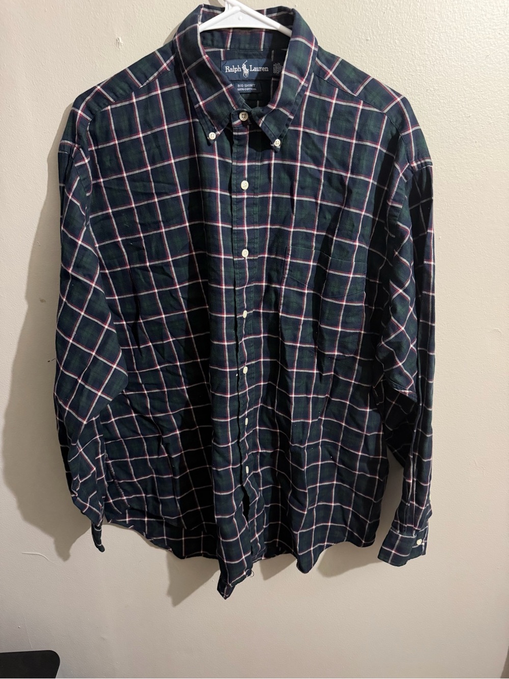 Vintage 90s Ralph Lauren Big Shirt Plaid Flannel Green Navy Red Mens Large Pony
